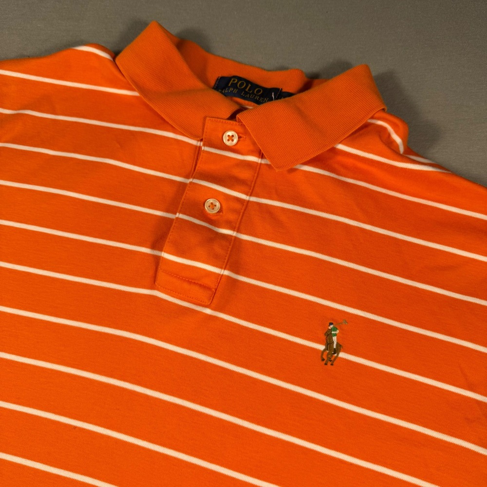 Polo Ralph Lauren Mens Large Orange White Striped Pima Soft Touch Polo Shirt